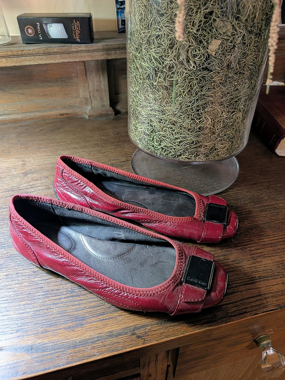 Calvin Klein Wine Red Leather Peep-Toe Ballet Flats with Logo Buckle
